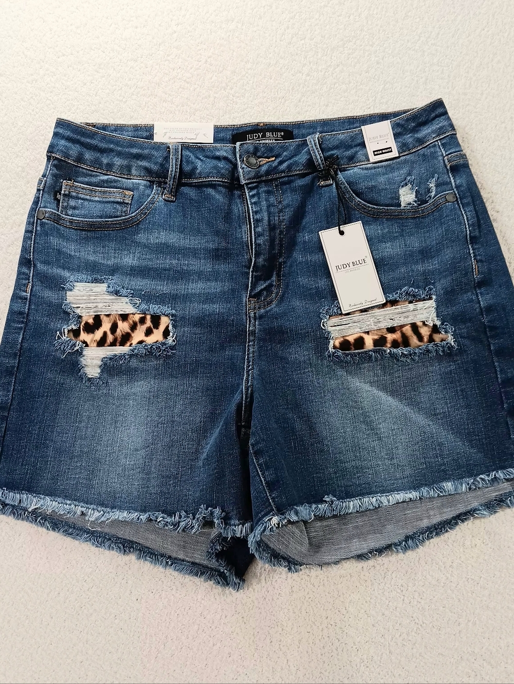 JUDY BLUE Women's 1XL Leopard Patch High Waist Shorts Distressed Cut Off Jorts N